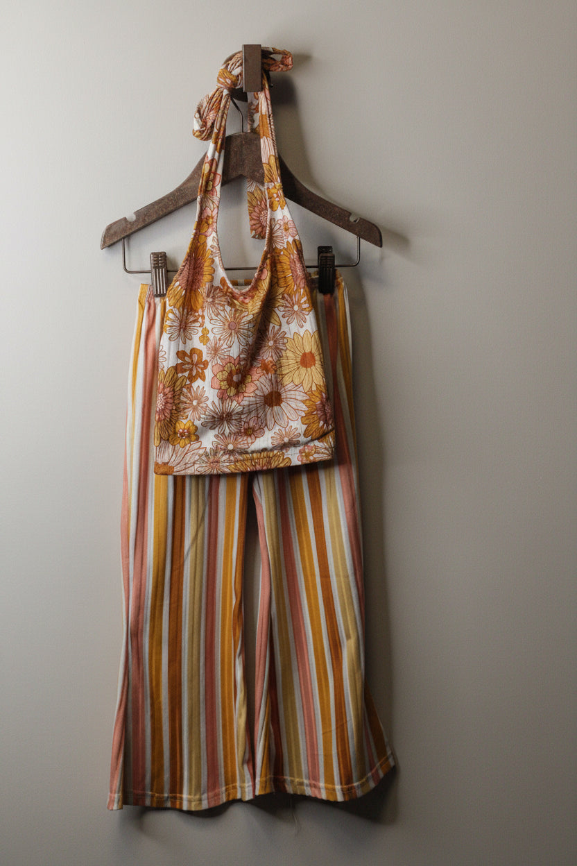 Retro Floral Halter & Stripe Flare Pant Set | 4t