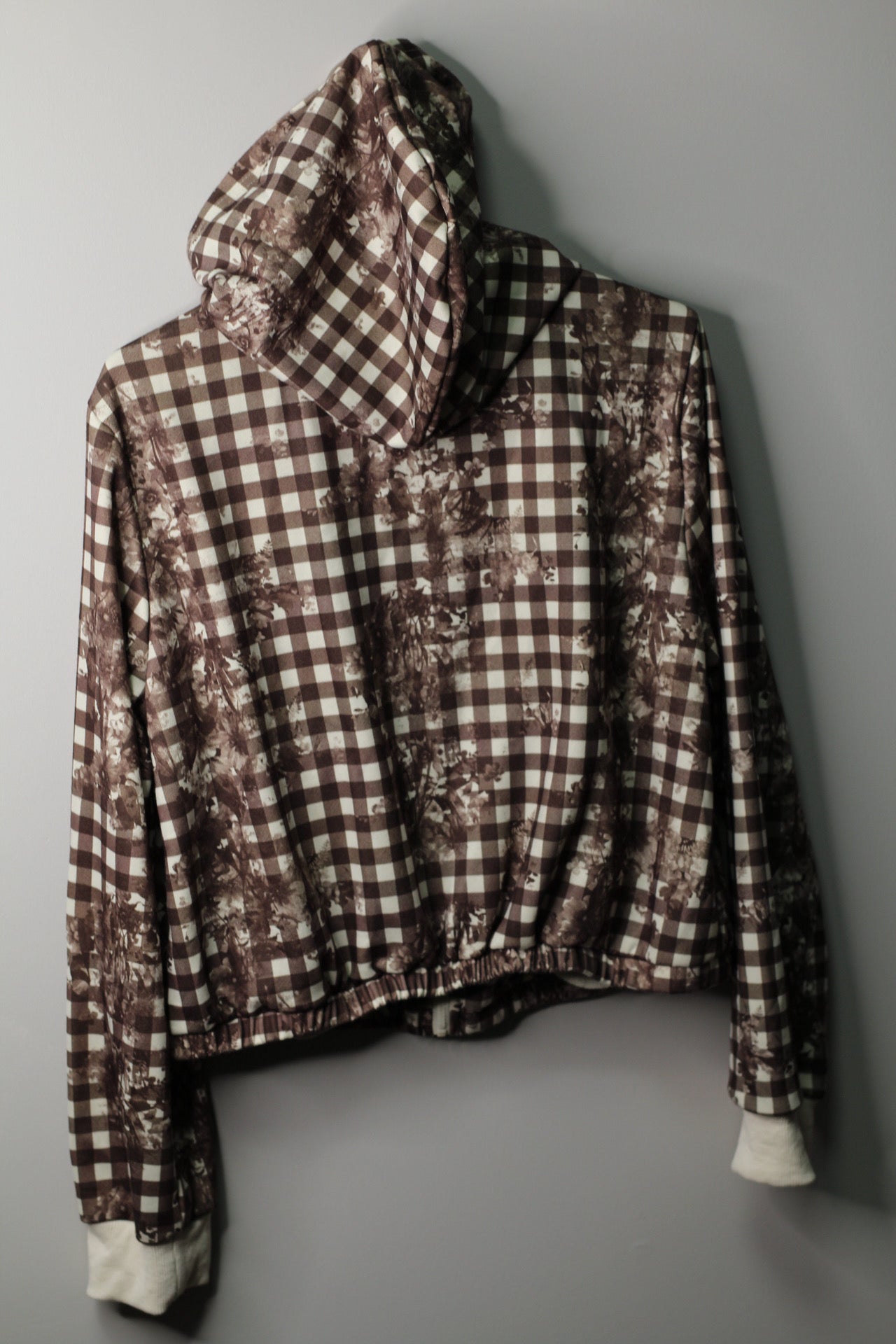 Brown Gingham Floral Zip Hoodie| XL