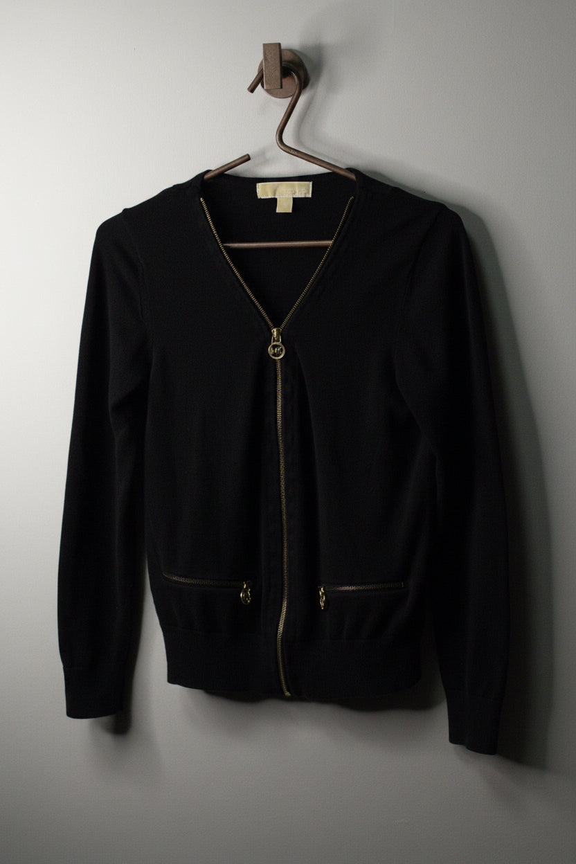 Michael Kors Black Zip Cardigan | Gold Logo Hardware | S