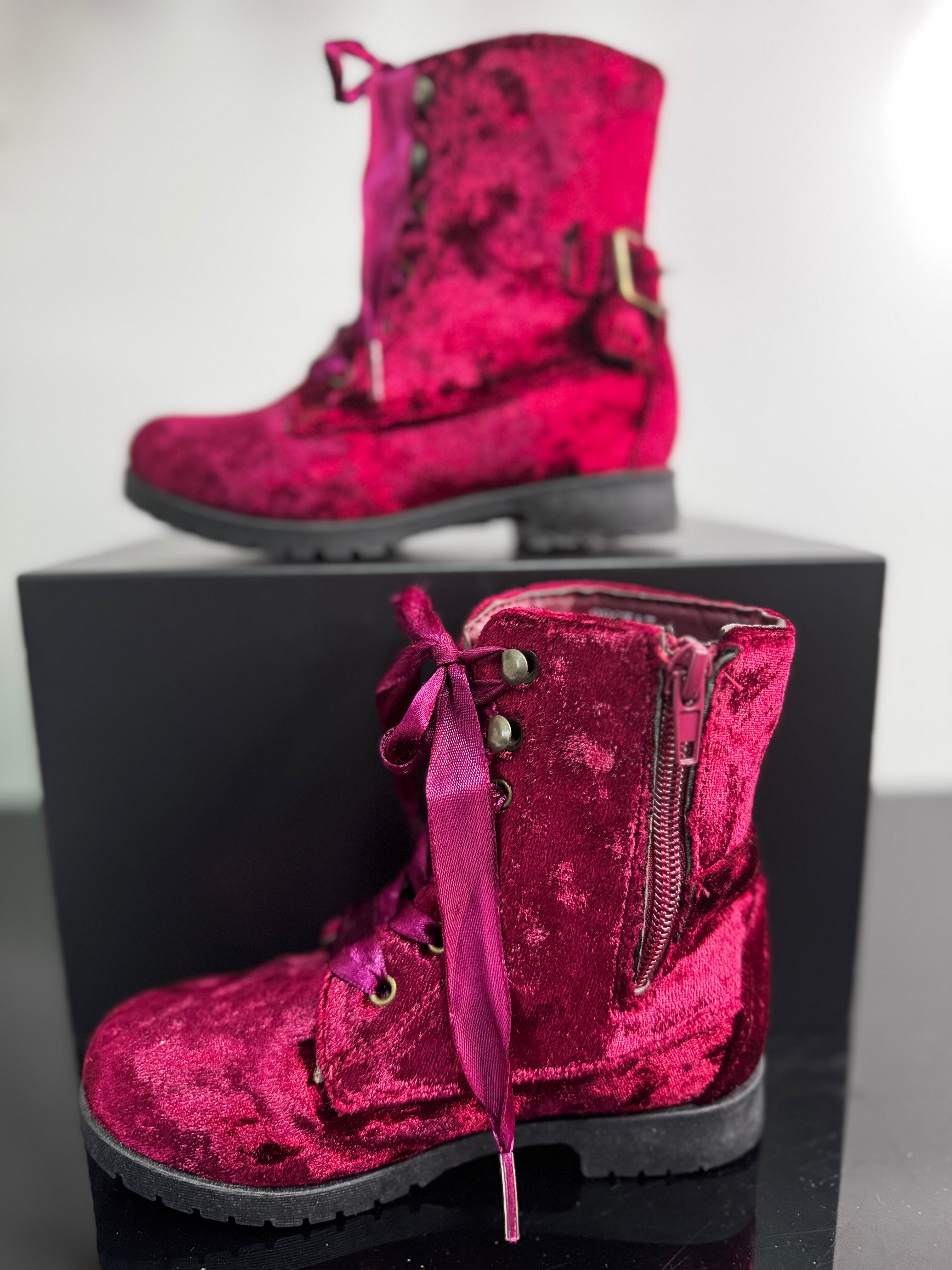 Magenta Crushed Velvet Combat Boots | 10