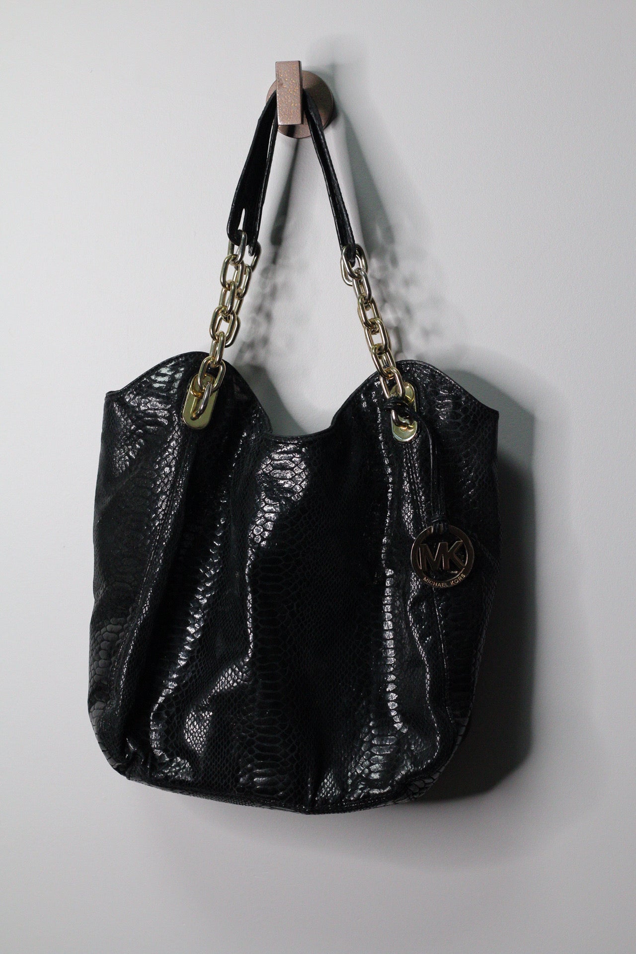 Michael Kors Black Python Embossed Chain Hobo Bag