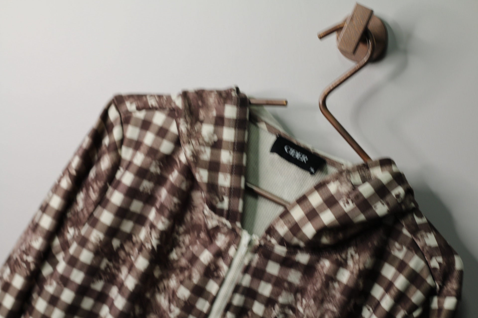 Brown Gingham Floral Zip Hoodie| XL