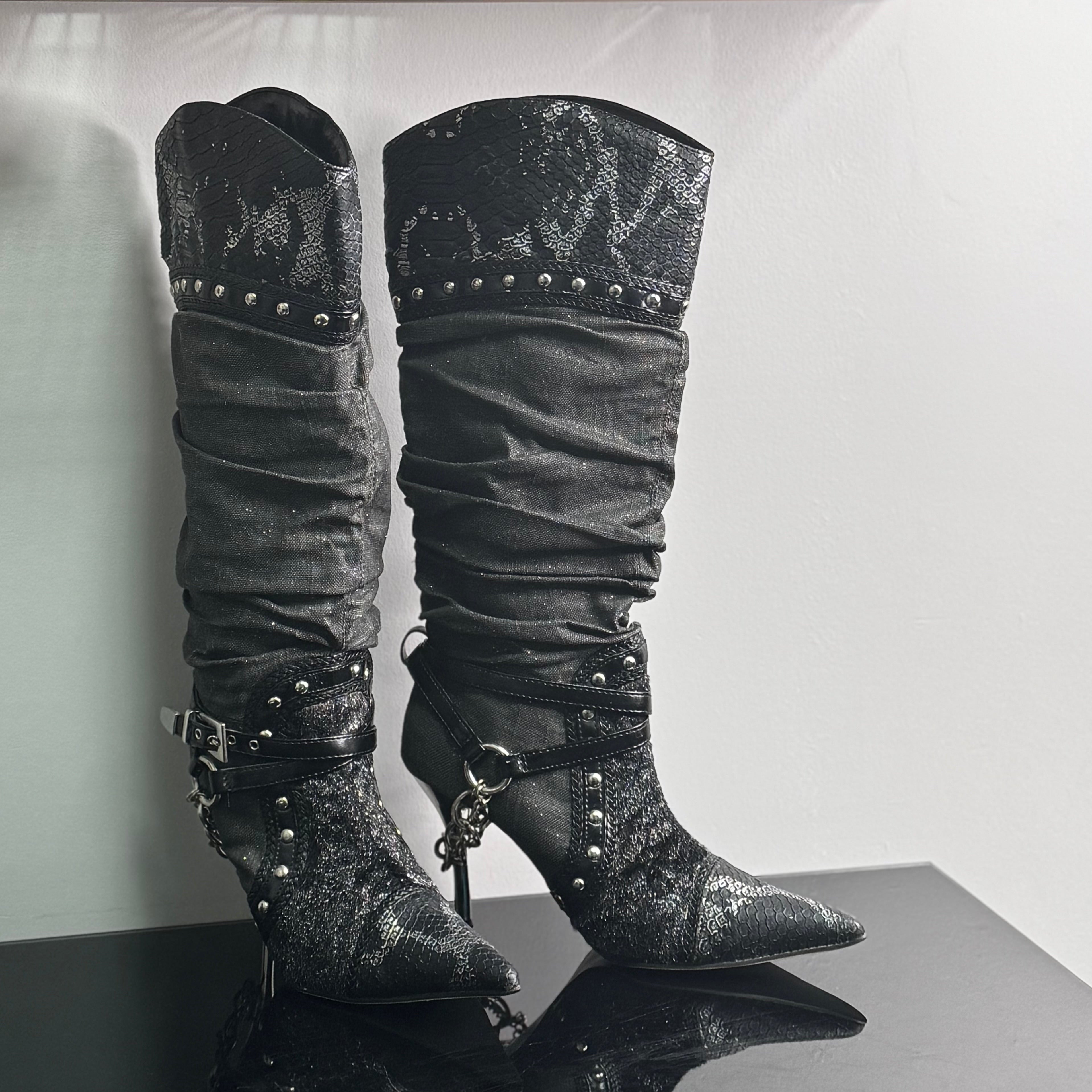 Studded Chain Knee High Boots | 7.5