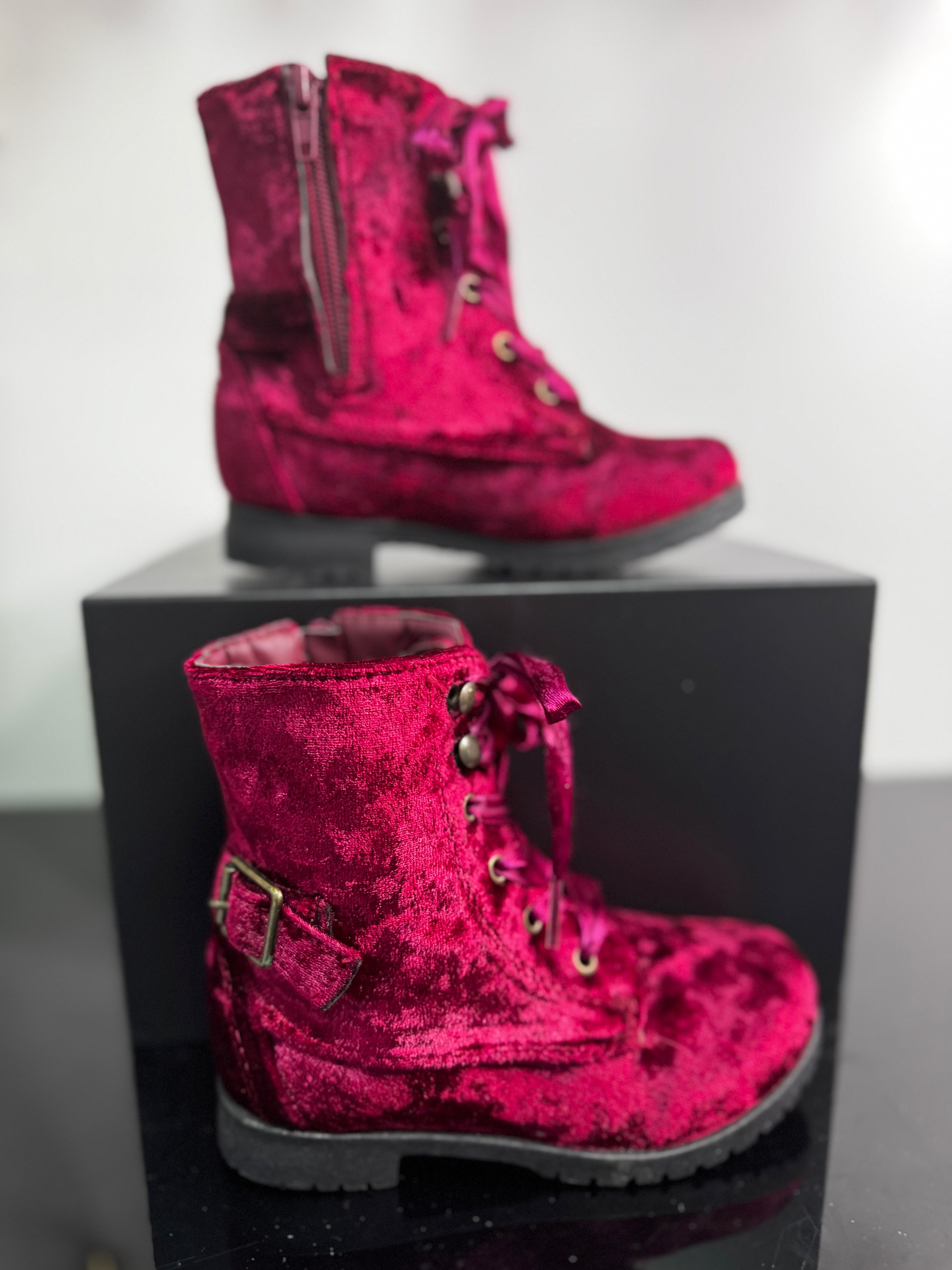 Magenta Crushed Velvet Combat Boots | 10