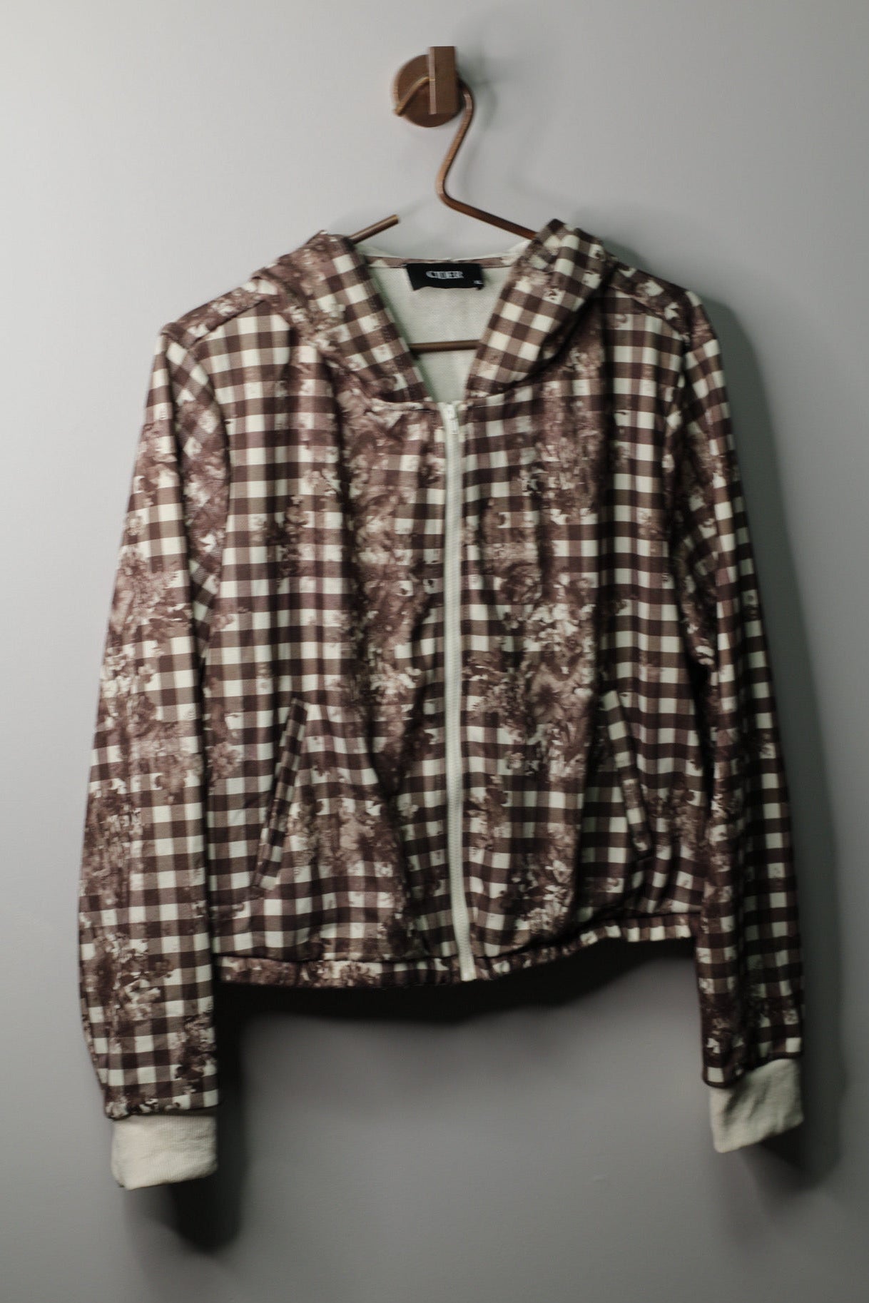 Brown Gingham Floral Zip Hoodie| XL