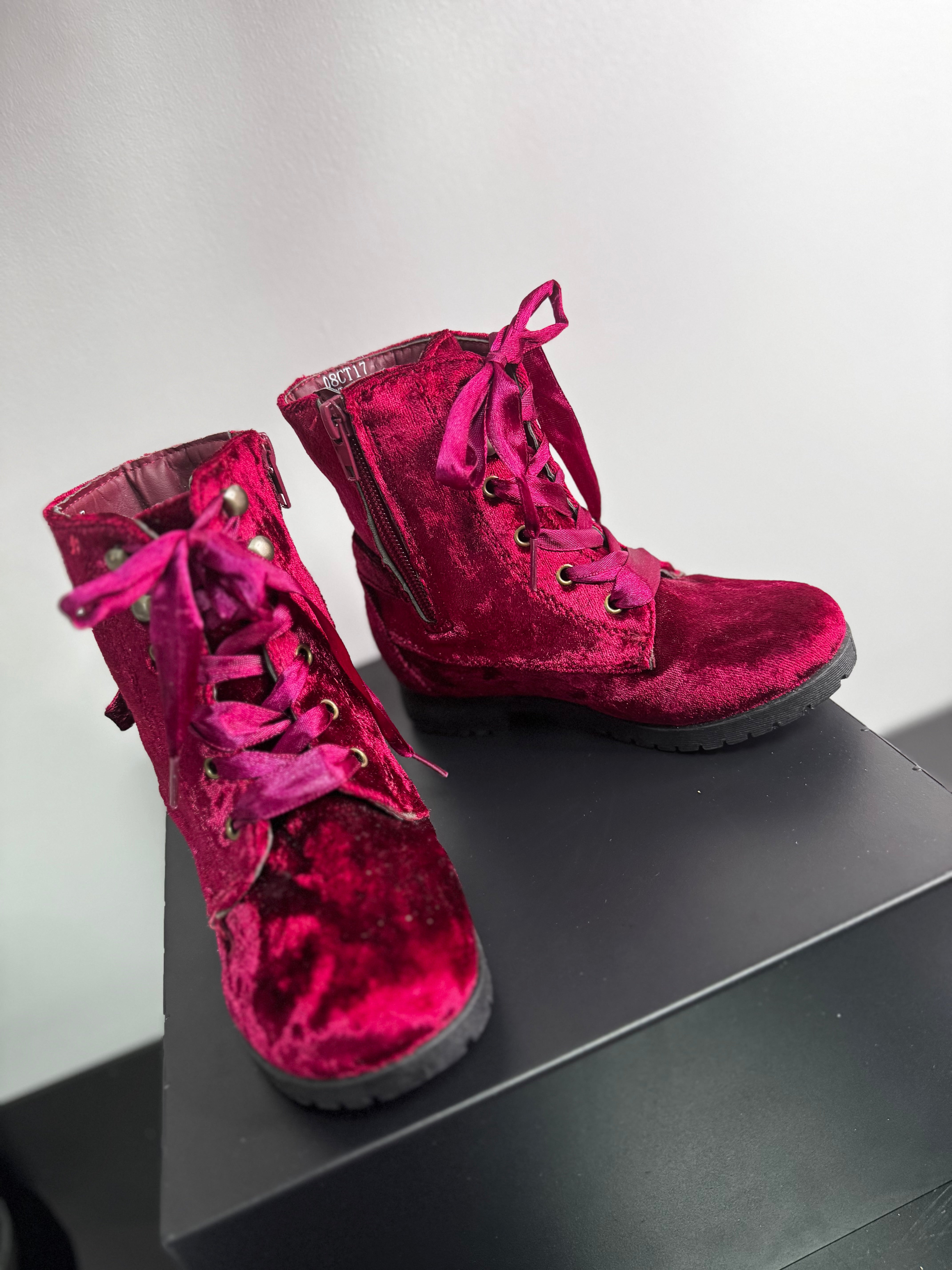 Magenta Crushed Velvet Combat Boots | 10